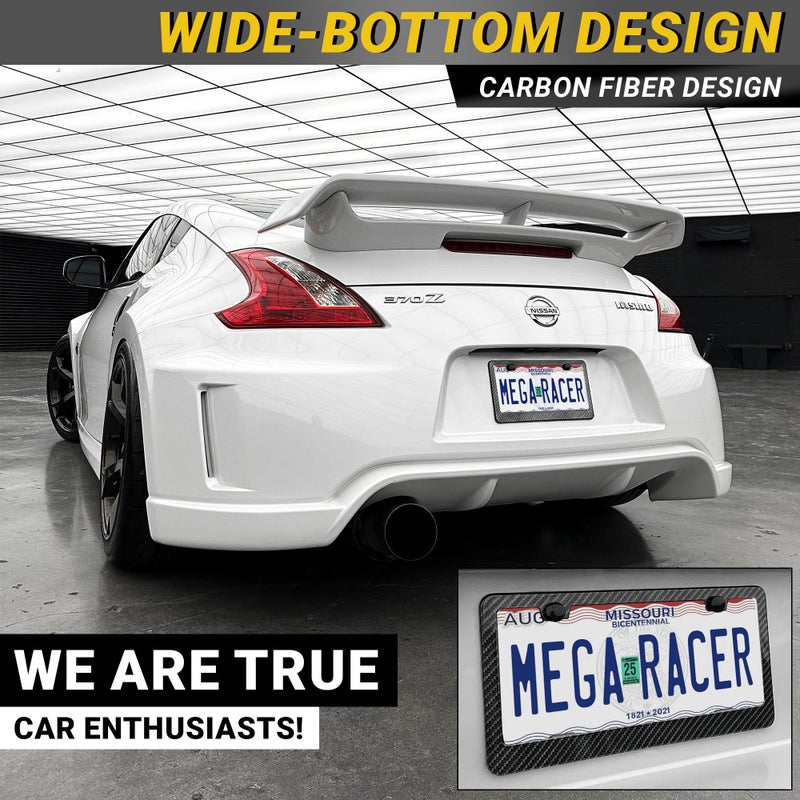 Mega Racer Premium Carbon Fiber Design License Plate Frames â€“ 2 Pack, Rust-Free Stainless Steel, Rattle-Free, Universal with Screw Caps, Slim-Top, Thin Rigid Metal Car Tag Holders, Front & Rear - Cool for Men - Image 3